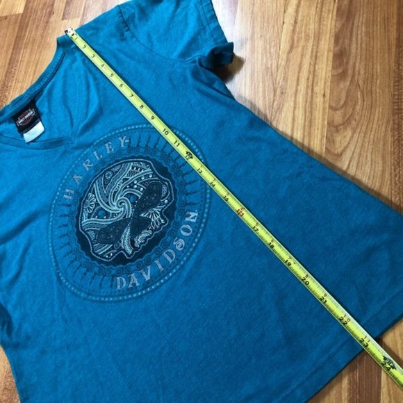 Harley Davidson "2014" Skull 💀 T-Shirt Teal V- neck El Paso Texas Size Large - Picture 7 of 12